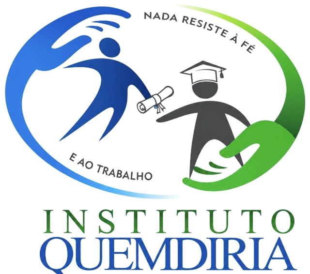 Logo do Instituto Quemdiria: duas mãos, uma azul e uma verde, envolvem um jovem que entrega o diploma a outro
